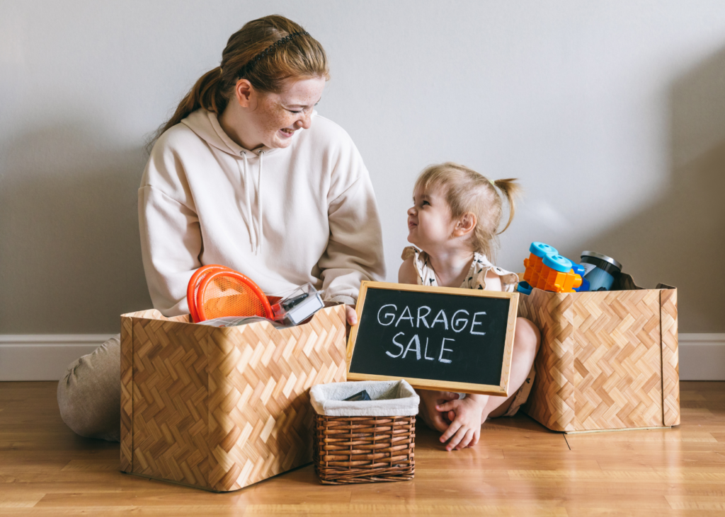 Mother and daughter decluttering toys for toy rotation system. 